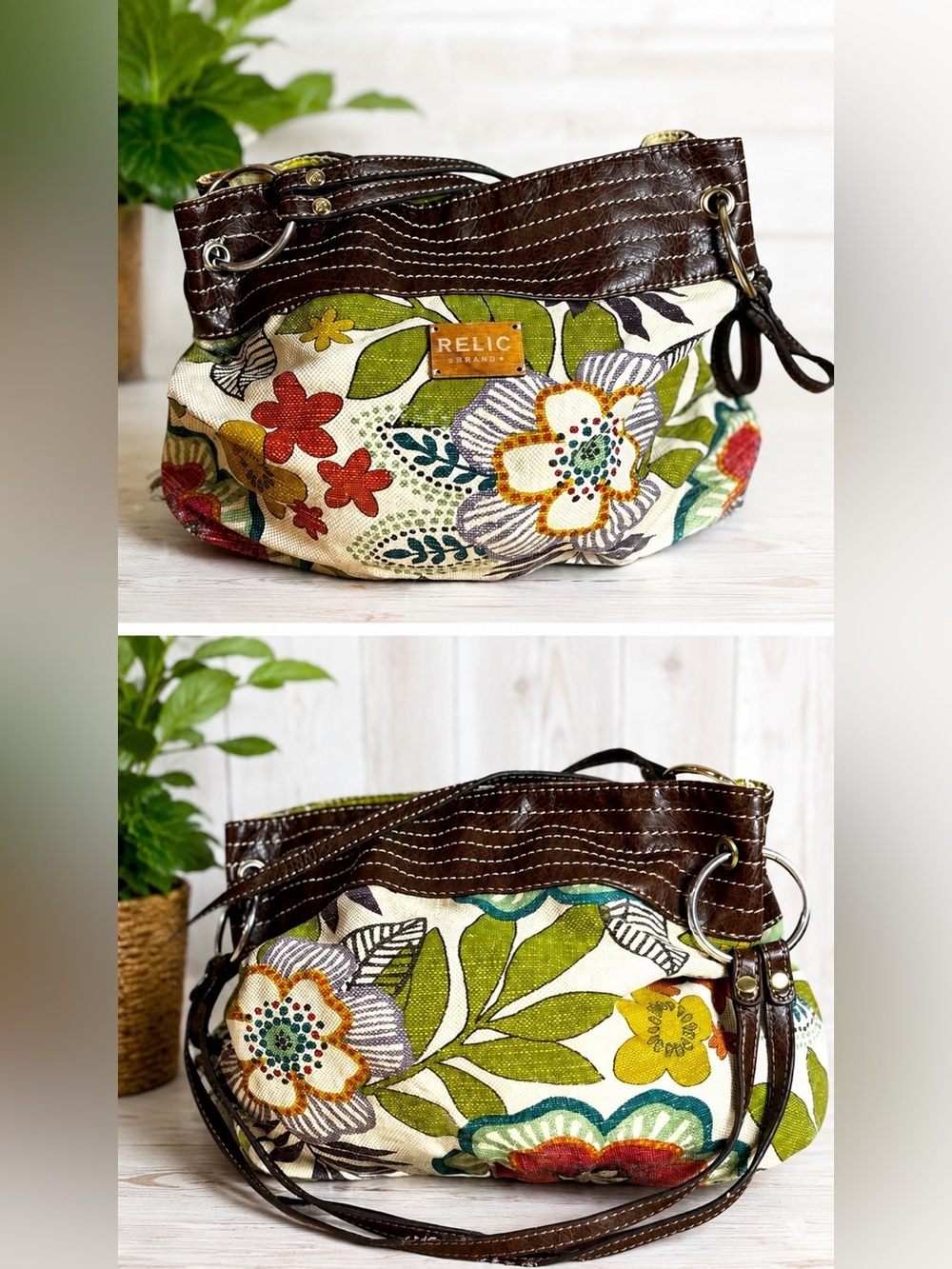 Relic Floral Canvas Shoulder Bag Brown Faux Leather Trim Boho Cottagecore Purse